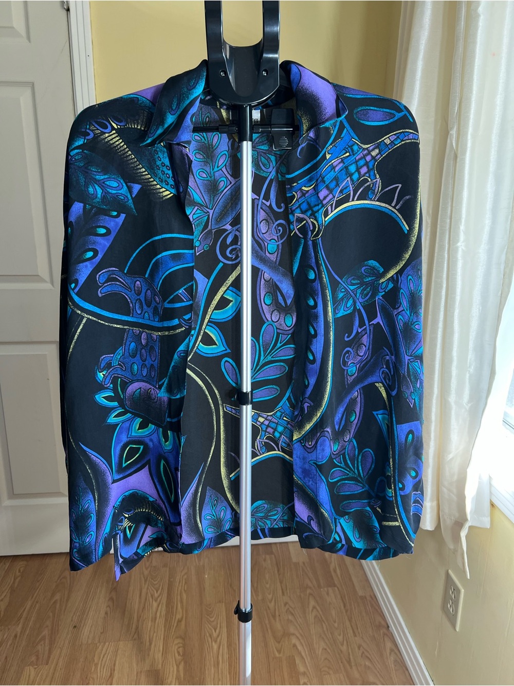 Chico’s 100% Silk Open Front Abstract Print Jacket Size 0 Blue Purple Teal